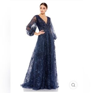 Mac Duggal Navy Blue Lace Maxi Dress